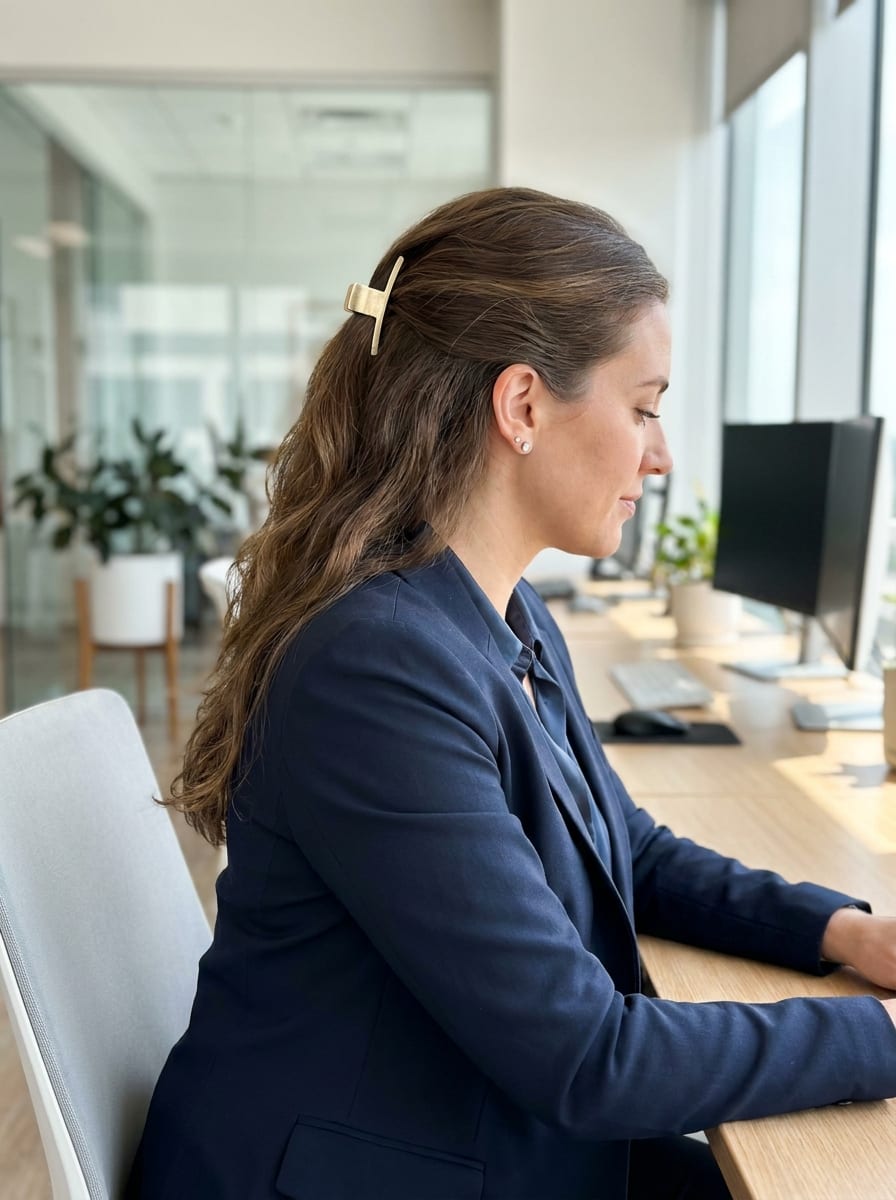 Half-up Frisur mit Haarspange - Büro Frisur